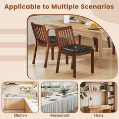 Set of 4 Slat Back Dining Chairs, Espresso Brown Rubber Wood with Black PU Leather Seats, 400 lb