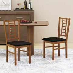 Set of 2 Window Pane Back Dining Chairs, Walnut Rubber Wood with Black PU Leather Seat