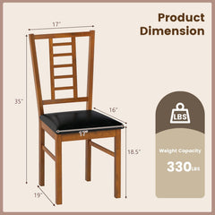Set of 2 Window Pane Back Dining Chairs, Walnut Rubber Wood with Black PU Leather Seat