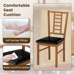 Set of 2 Window Pane Back Dining Chairs, Walnut Rubber Wood with Black PU Leather Seat