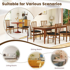 Set of 2 Window Pane Back Dining Chairs, Walnut Rubber Wood with Black PU Leather Seat