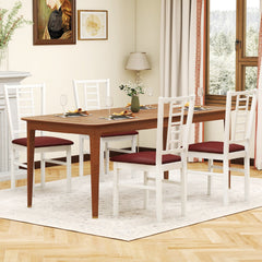 Set of 4 Window Pane Back Dining Chairs, White Rubber Wood with Burgundy PU Leather Seats