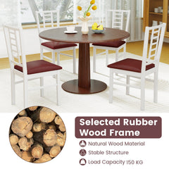 Set of 4 Window Pane Back Dining Chairs, White Rubber Wood with Burgundy PU Leather Seats