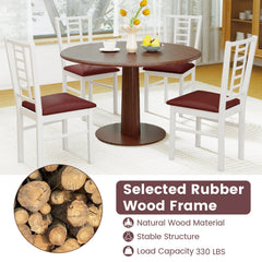 Set of 4 Window Pane Back Dining Chairs, White Rubber Wood with Burgundy PU Leather Seats