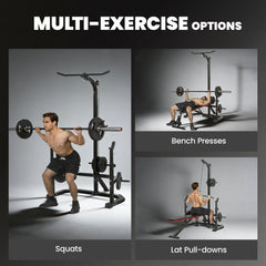 Multi-Function Home Gym Machine with Bench Press Rack, Squat Rack and Lat Pulldown System, Black