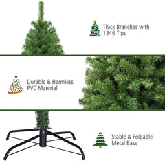 7.5 FT Hinged Artificial Christmas Tree with 1346 PVC Tips and Folding Metal Base, Unlit