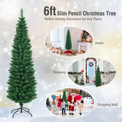 6 FT Slim Pencil Christmas Tree, 2.1 FT Wide, 400 PVC Tips with Folding Iron Base, Unlit