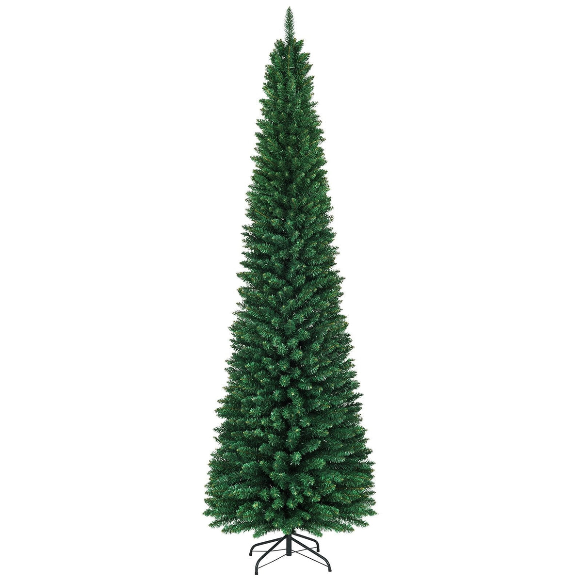9 FT Slim Pencil Christmas Tree, 3.3 FT Wide, 1500 PVC Tips with Folding Metal Base, Unlit