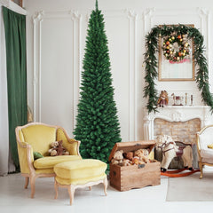 9 FT Slim Pencil Christmas Tree, 3.3 FT Wide, 1500 PVC Tips with Folding Metal Base, Unlit