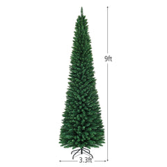 9 FT Slim Pencil Christmas Tree, 3.3 FT Wide, 1500 PVC Tips with Folding Metal Base, Unlit