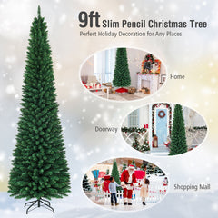 9 FT Slim Pencil Christmas Tree, 3.3 FT Wide, 1500 PVC Tips with Folding Metal Base, Unlit