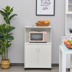 Microwave Cart on Wheels Utility Trolley Storage Sideboard Bookcase with 2-door Cabinet, Grey Wood Grain