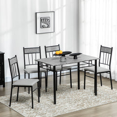 5 Pieces Diner Tables Dining Room Sets for 4 People with Marble Effect Tabletop Padded Chairs and Metal Frame Grey
