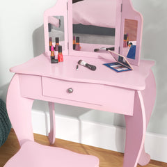 Kids Vanity Table and Stool, Makeup Vanity Girls Dressing Table Set with Tri-folding Mirrors Drawer Star and Heart Pattern, Pink
