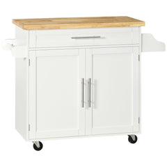 Kitchen Island with Storage, Rolling Cart Trolley with Rubberwood Top, Adjustable Shelf, Drawer, Spice Rack, White