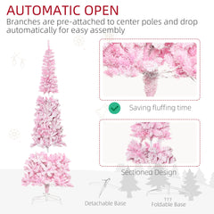 6 Foot Prelit Snow Flocked Artificial Christmas Tree with Pencil Shape, 500 Pine Realistic Branches, Warm White LED lights, Auto Open, Pink and White