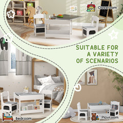 3 Piece Kids Table and Chair Set with Reversible Tabletop, Blackboard, Storage, Bookshelf, for Playroom, Nursery, Grey