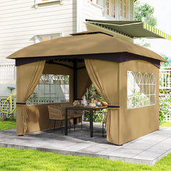 11' x 11' Outdoor Gazebo, Double Roof Patio Gazebo Canopy with Curtains, Church Windows, Galvanised Steel Frame, Beige