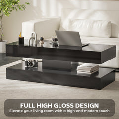 Coffee Table with Adjustable LED Lights, Modern Living Room Table with 2 Drawers, Open Shelf, Remote, High Gloss White