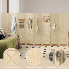 4.7' 3 Panel Wooden Room Divider with Pegboard Display, Folding Privacy Screen for Home Office, Natural