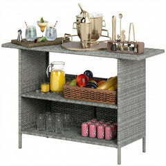 Wicker Outdoor Bar Table, PE Rattan Bar Height Patio Table with 2 Shelves, Steel Frame for Garden, Backyard, Dark Grey