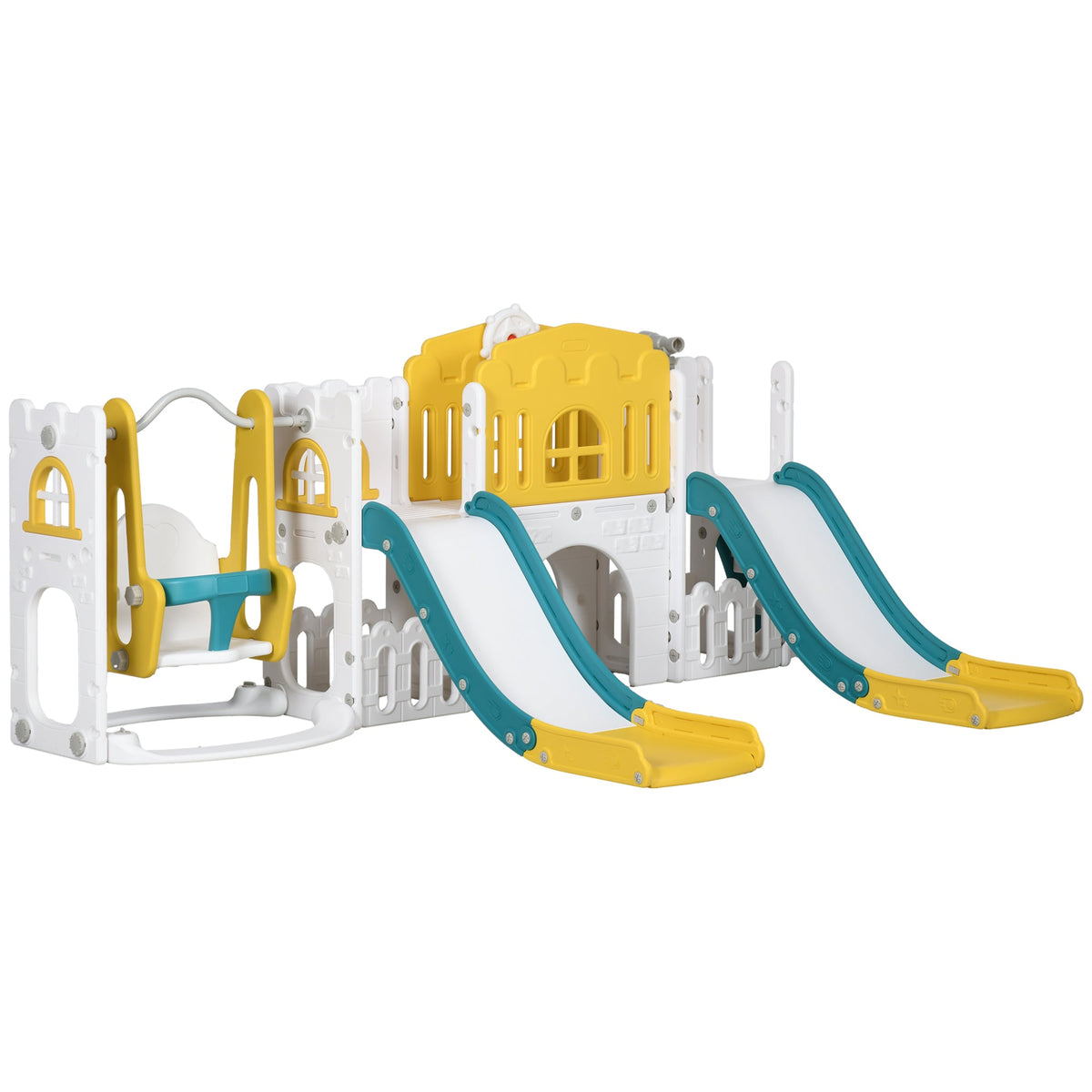 8 in 1 Slide and Swing Set, Toddler Slide Set with Basketball Hoop, Climber, Steering Wheel, for Aged 1-3 Years, Yellow