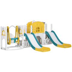 8 in 1 Slide and Swing Set, Toddler Slide Set with Basketball Hoop, Climber, Steering Wheel, for Aged 1-3 Years, Yellow