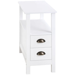 Slim End Table with 2 Drawers and Storage Shelf, Sofa Side Table for Living Room, Narrow Nightstand, White