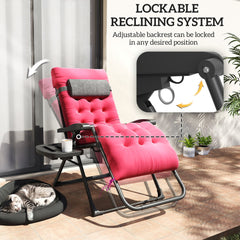 Padded Folding Recliner Chair, Patio Lounger with Cupholder, Adjustable Backrest, Removable Cushion, Black