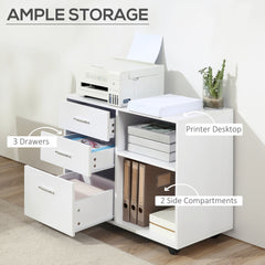 Modern Lateral Filing Cabinet, 3 Drawer File Cabinet for Letter and A4 Size Documents, Mobile, Printer Stand with Open Shelves, Rolling Wheels, Black