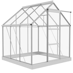 6' x 4' Walk-In Greenhouse, Polycarbonate Greenhouse with Sliding Door, Window, Aluminium Frame, Foundation, Silver