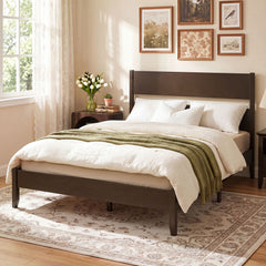 Queen Bed Frame with Headboard and Solid Wood Legs 12 Slats-Dark Walnut