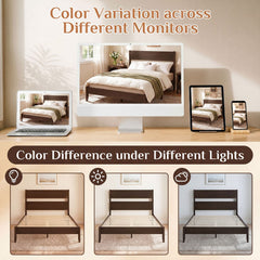 Queen Bed Frame with Headboard and Solid Wood Legs 12 Slats-Dark Walnut