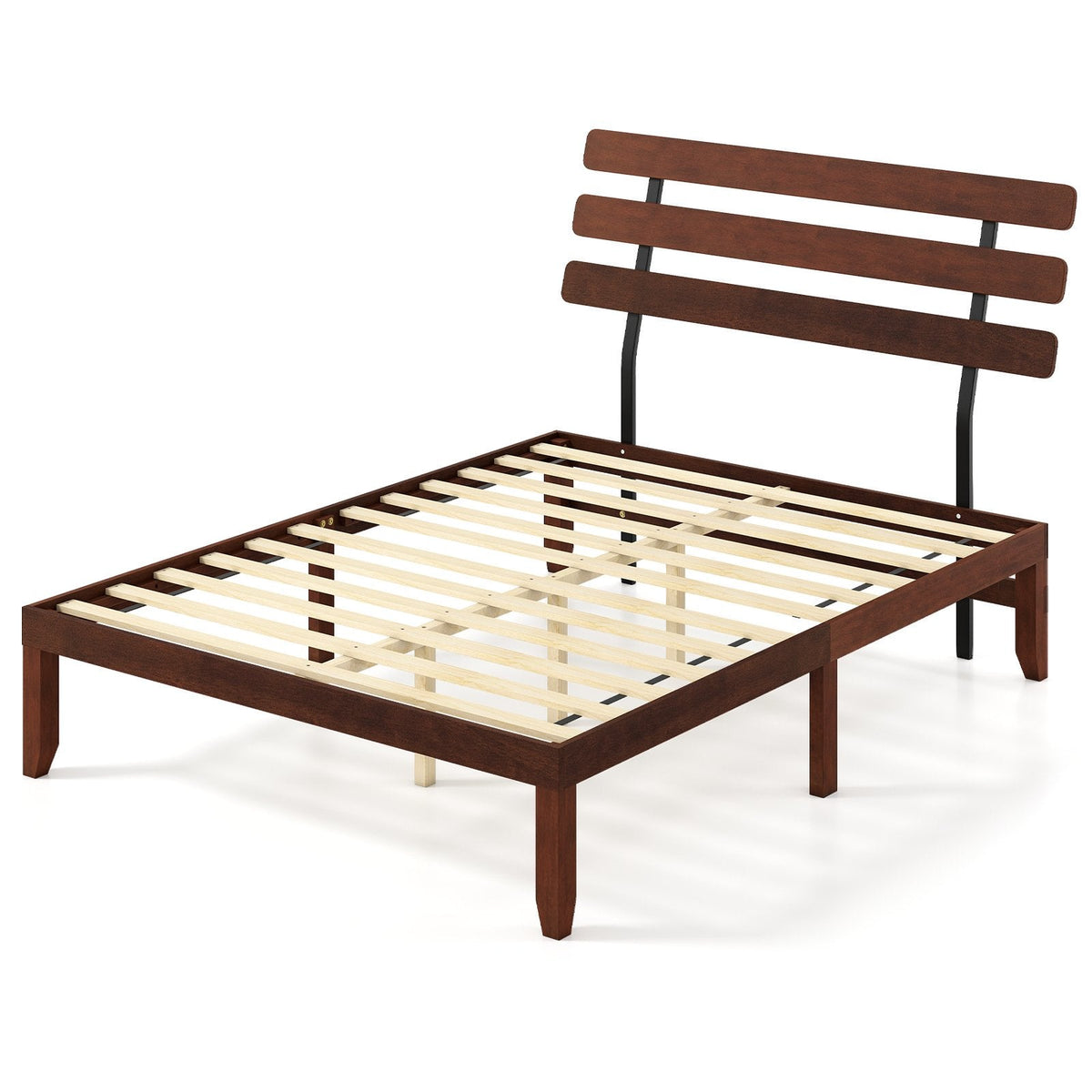 Queen Solid Wood Platform Bed with Retro Slatted Headboard and 12 Plywood Slats