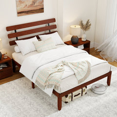 Queen Solid Wood Platform Bed with Retro Slatted Headboard and 12 Plywood Slats