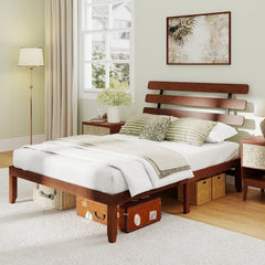 Queen Solid Wood Platform Bed with Retro Slatted Headboard and 12 Plywood Slats