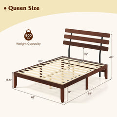 Queen Solid Wood Platform Bed with Retro Slatted Headboard and 12 Plywood Slats