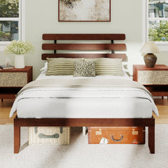 Queen Solid Wood Platform Bed with Retro Slatted Headboard and 12 Plywood Slats