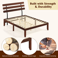Queen Solid Wood Platform Bed with Retro Slatted Headboard and 12 Plywood Slats