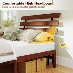 Queen Solid Wood Platform Bed with Retro Slatted Headboard and 12 Plywood Slats