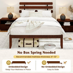 Queen Solid Wood Platform Bed with Retro Slatted Headboard and 12 Plywood Slats