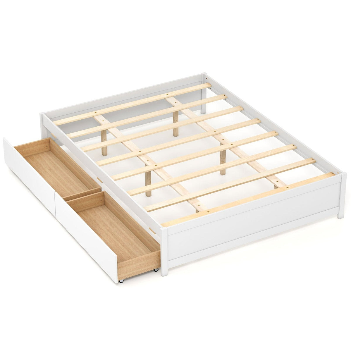 Queen Size Bed Frame with 2 Rolling Storage Drawers-White