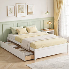 Queen Size Bed Frame with 2 Rolling Storage Drawers-White