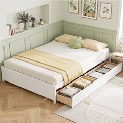 Queen Size Bed Frame with 2 Rolling Storage Drawers-White