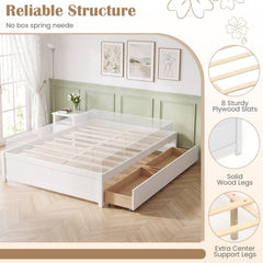 Queen Size Bed Frame with 2 Rolling Storage Drawers-White