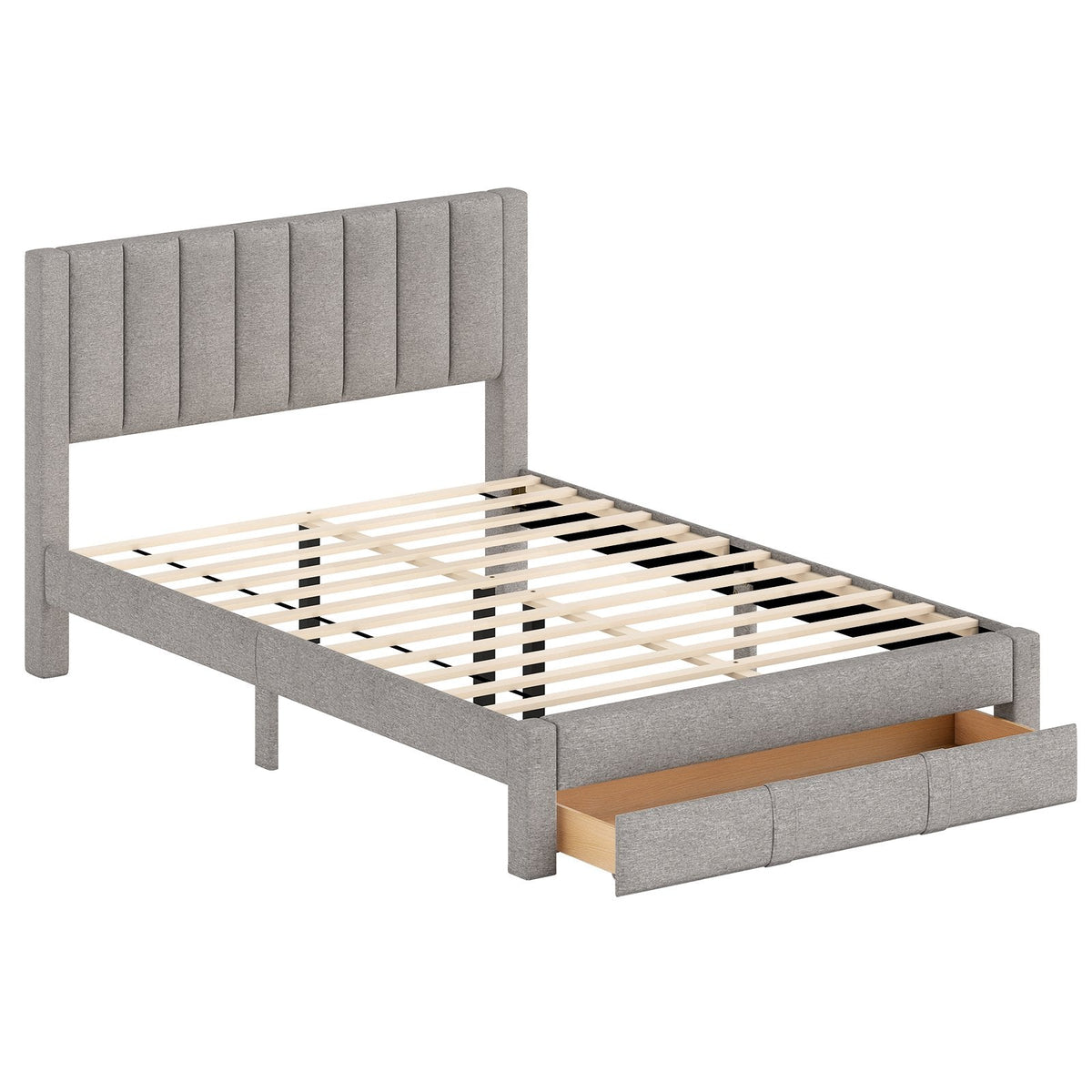 Queen Upholstered Bed with Foot End Storage Drawer and Vertical Channel Headboard, Grey
