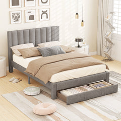 Queen Upholstered Bed with Foot End Storage Drawer and Vertical Channel Headboard, Grey