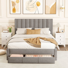 Queen Upholstered Bed with Foot End Storage Drawer and Vertical Channel Headboard, Grey