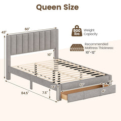 Queen Upholstered Bed with Foot End Storage Drawer and Vertical Channel Headboard, Grey
