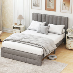 Queen Upholstered Bed with Foot End Storage Drawer and Vertical Channel Headboard, Grey